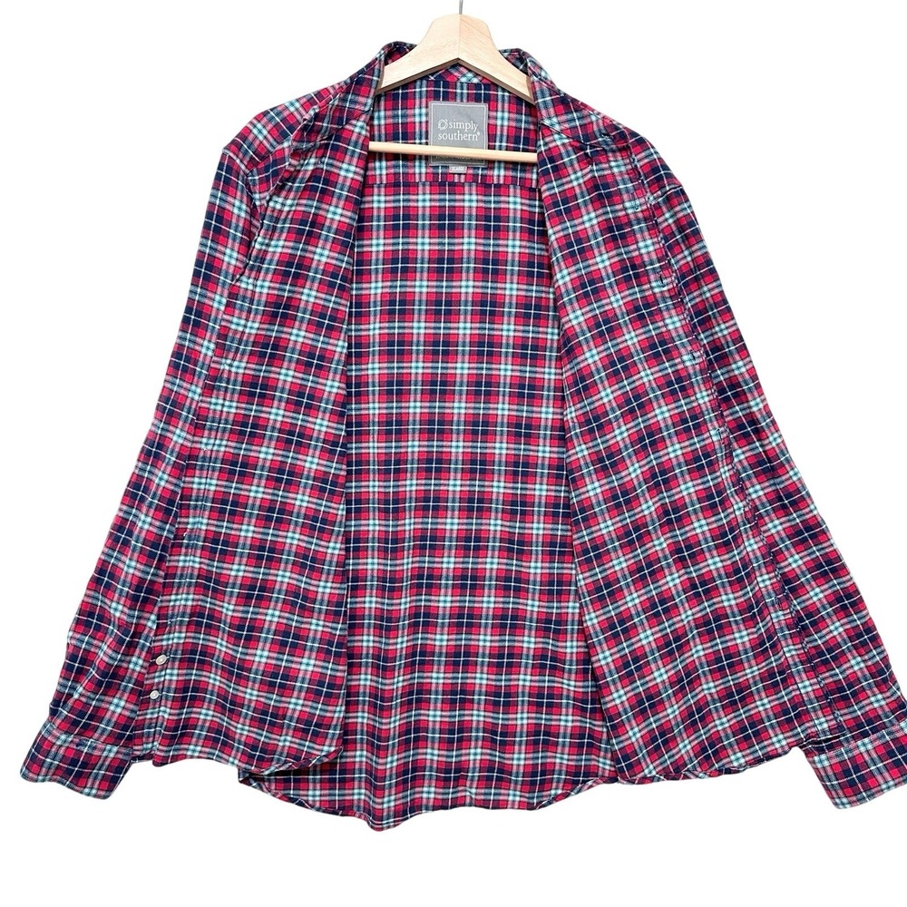 Simply Southern Men's Red Navy Plaid Flannel  Button Down‎ Shirt XL Cotton Layer - Picture 5 of 10